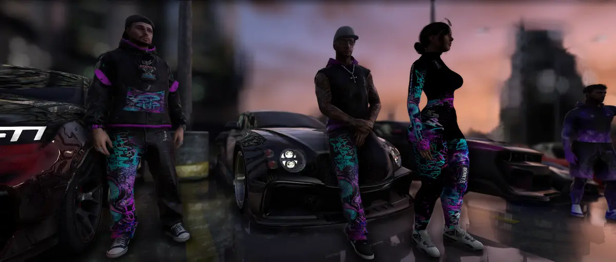 Three DRILL UK players in black tracksuits with purple and teal print stood around a black sports car at sunset