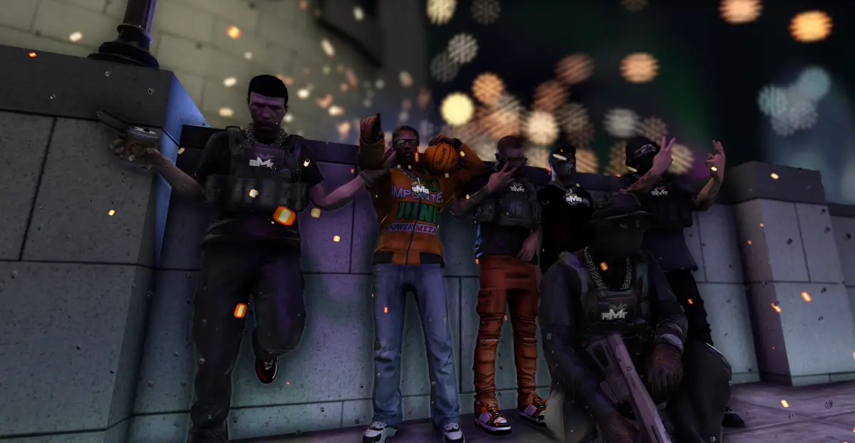 Six DRILL UK players lined up along a stone wall under fireworks, one crouched at the front with a rifle