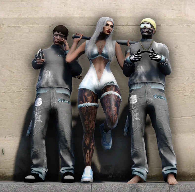 Three DRILL UK players in matching grey and white fits against a concrete wall, the one in the middle with a baseball bat over her shoulder