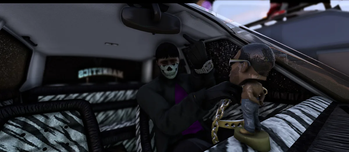 Two DRILL UK players inside a car with zebra print seats, one in a skull mask and one wearing a gold chain